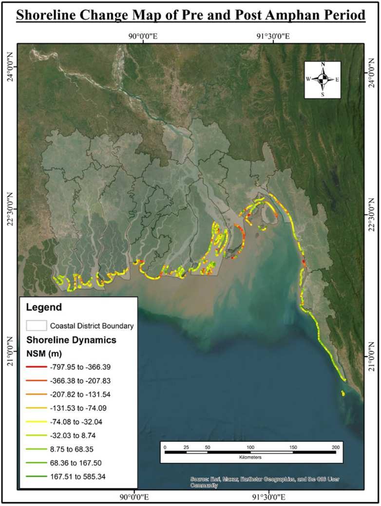 Shoreline change map before and after Cyclone Amphan