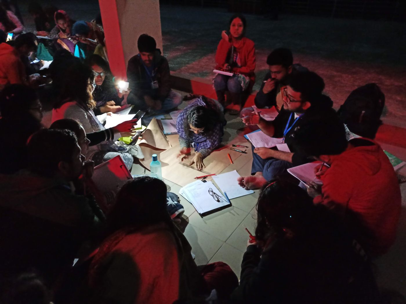 Preparing the group presentation at night
