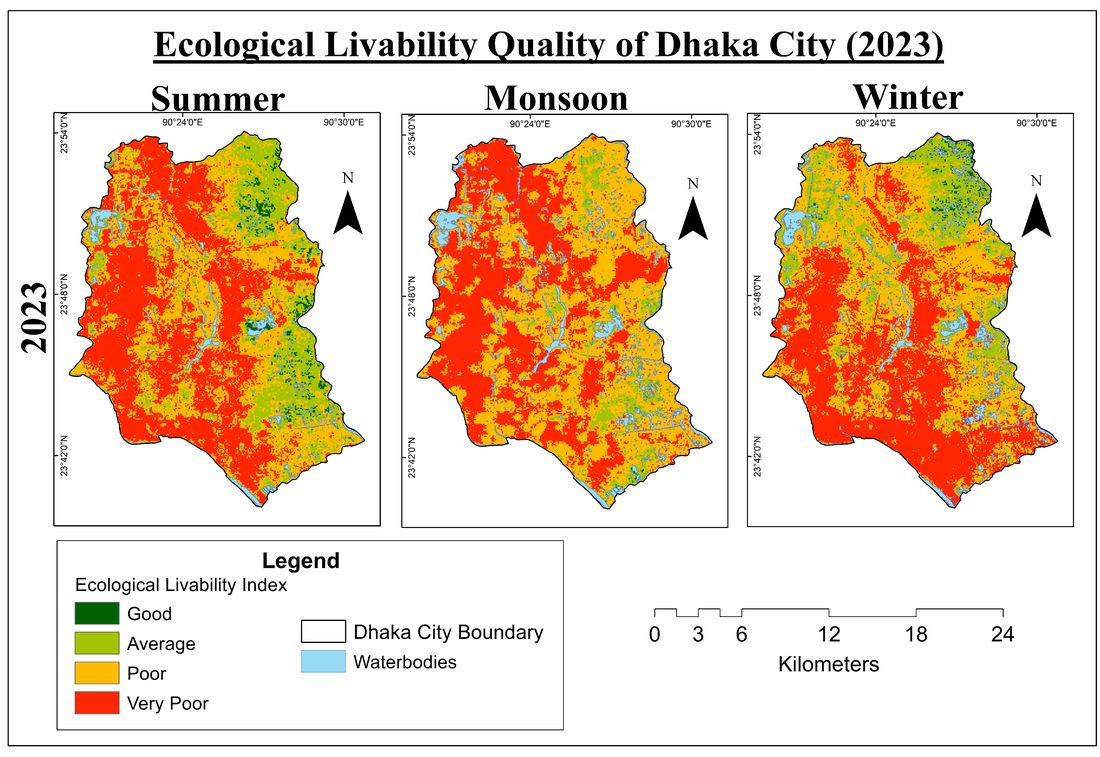 Maps of ecological livability quality of Dhaka City in summer, monsoon and winter 2023
