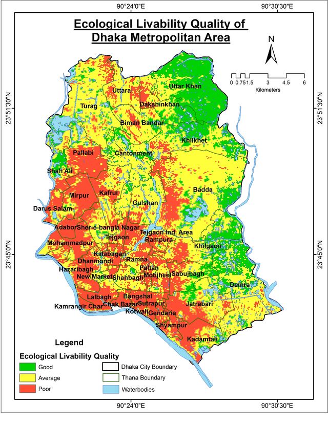 Map of ecological livability quality across the thanas of the Dhaka Metropolitan Area
