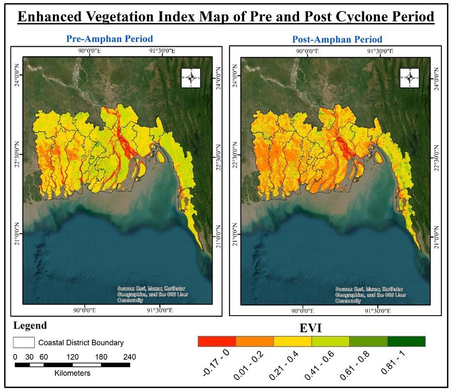 Enhanced Vegetation Index maps of coastal Bangladesh before and after Cyclone Amphan