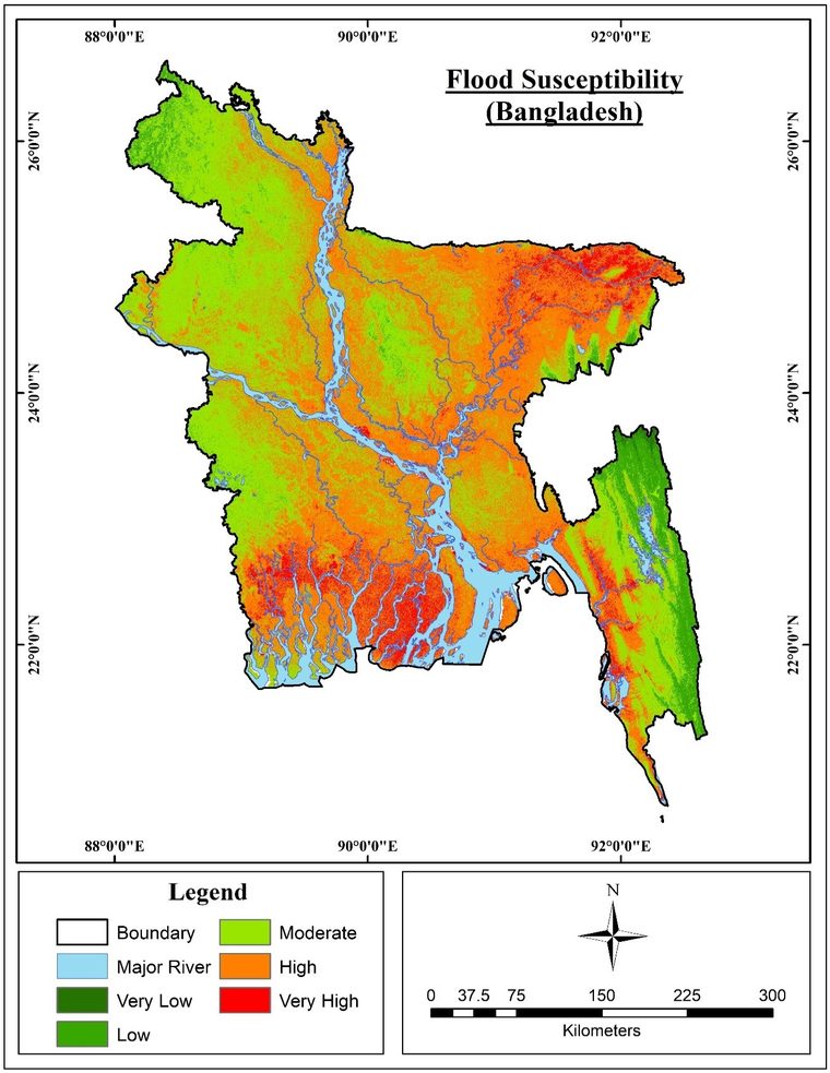 Flood susceptibility map of Bangladesh in five classes from very low to very high