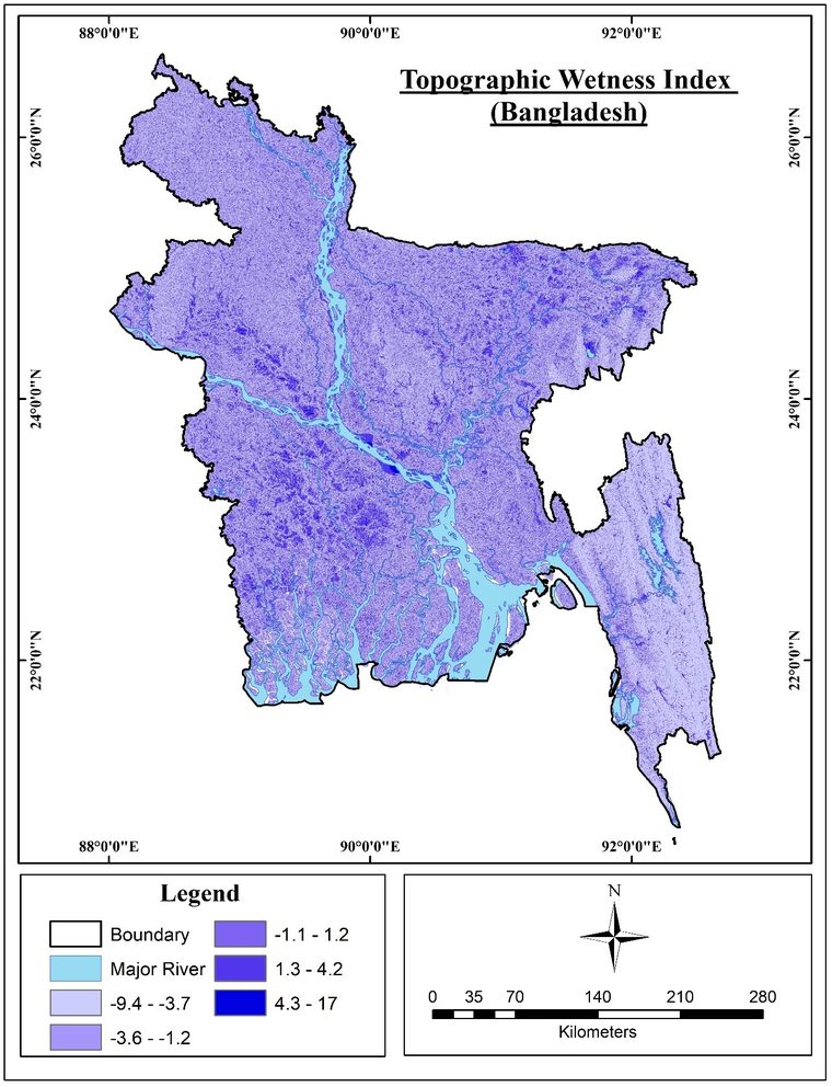 Map of Topographic Wetness Index across Bangladesh