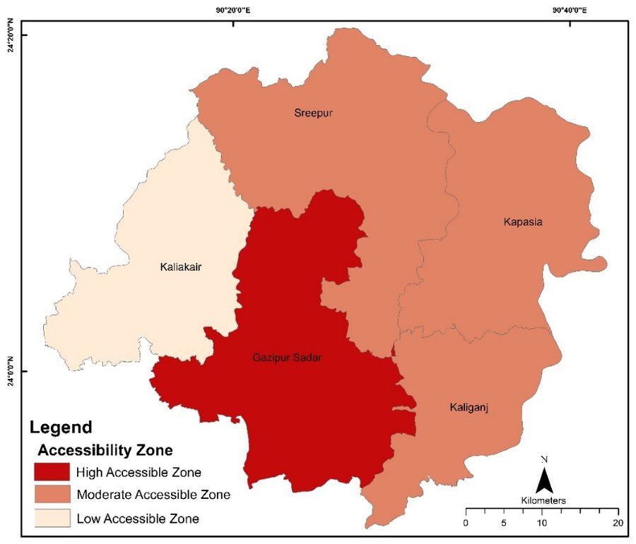Map of road network accessibility zones in Gazipur District
