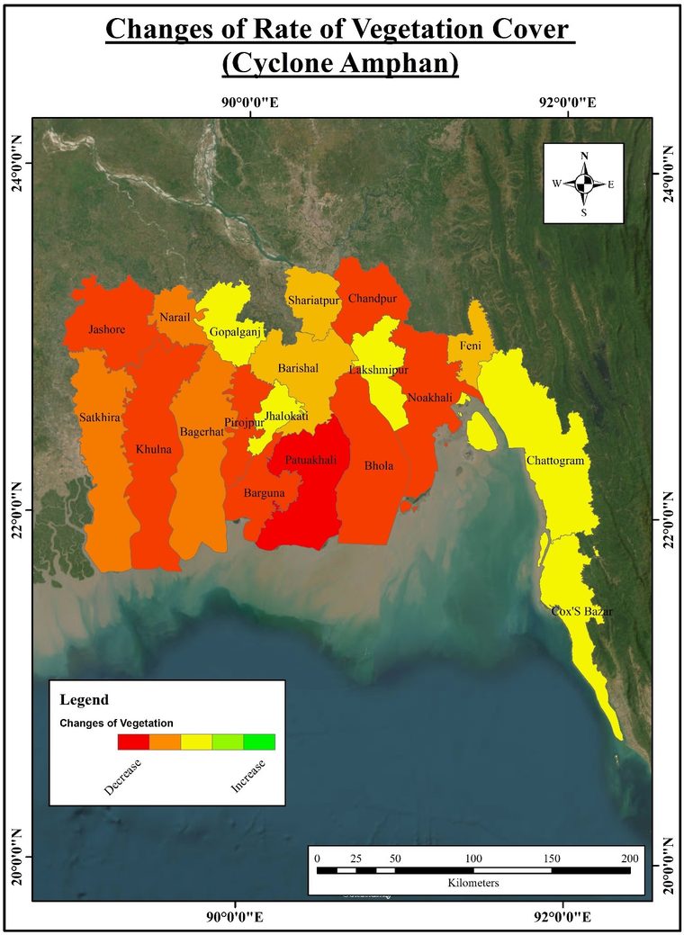 Map of the change in vegetation cover by coastal district after Cyclone Amphan